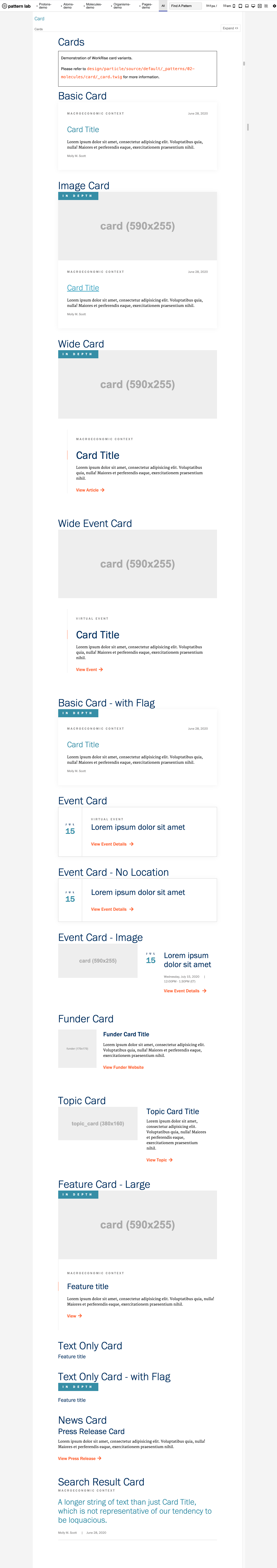 A screenshot of Pattern Lab, customized to the Workrise design system.