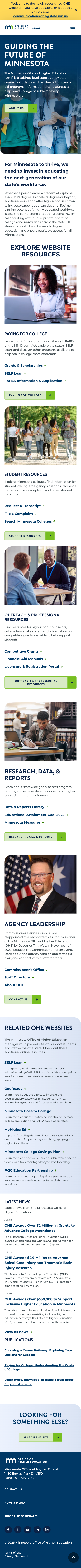 A screenshot of the Office of Higher Education Minnesota homepage, at mobile size.