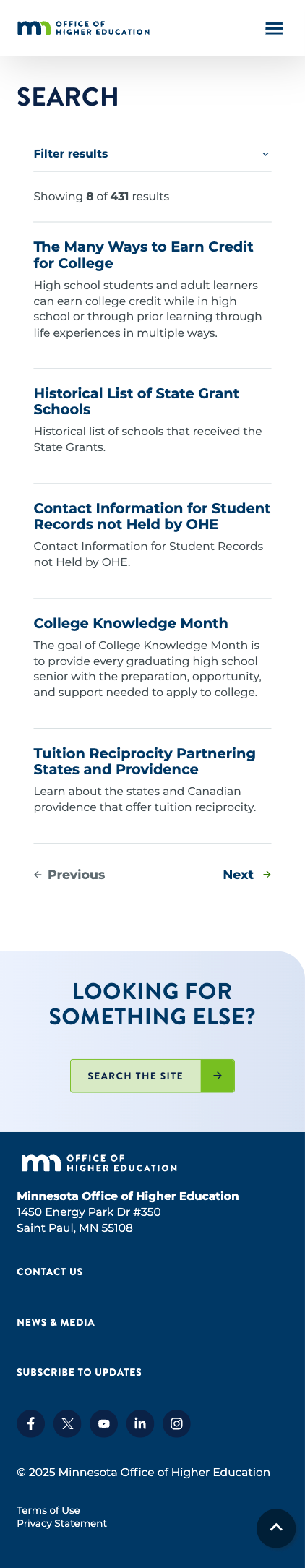 The OHE search page at mobile size.