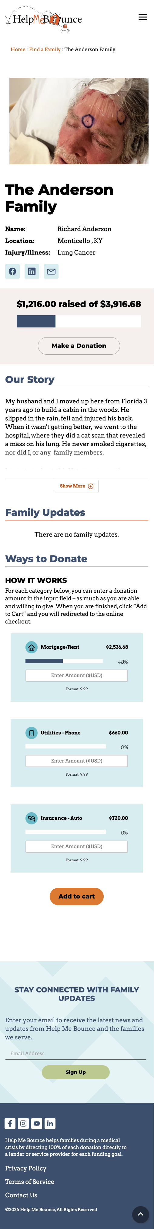 A Help Me Bounce "family" page at mobile screen size.