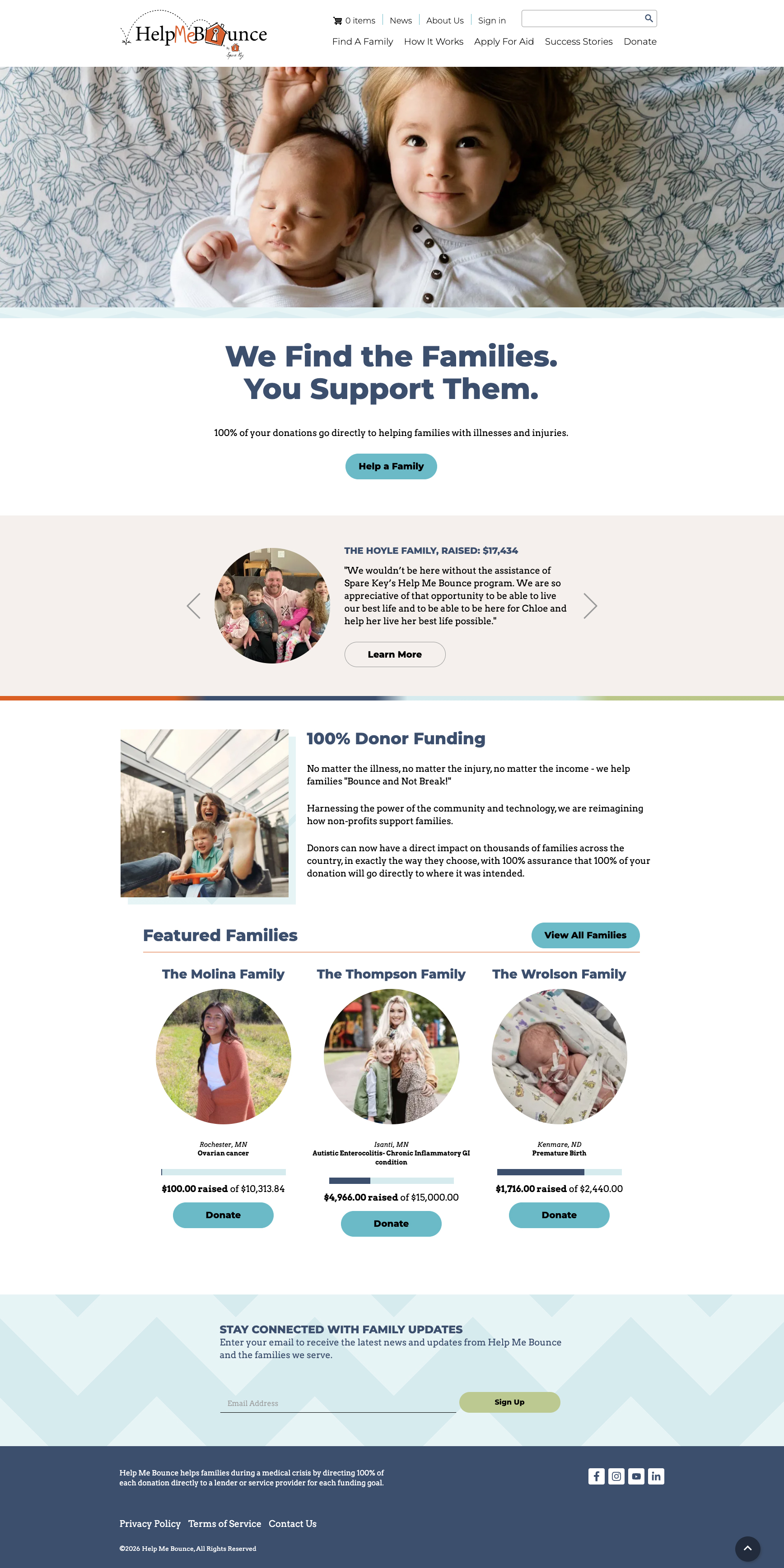 The Help Me Bounce homepage at desktop sizes, demonstrating its inviting color palette and donation-bar listings.