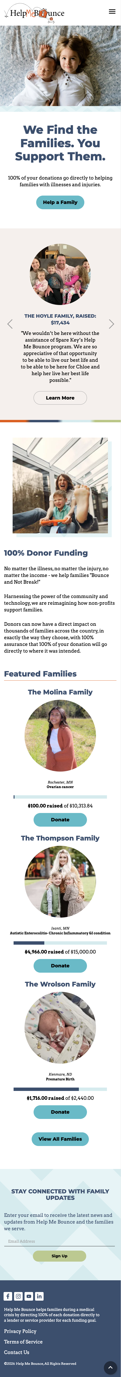 The Help Me Bounce homepage at mobile sizes, demonstrating its responsive design and phone friendliness.