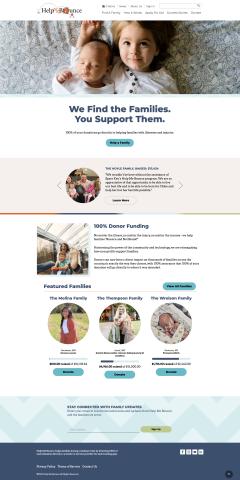The Help Me Bounce homepage at desktop sizes, demonstrating its inviting color palette and donation-bar listings.