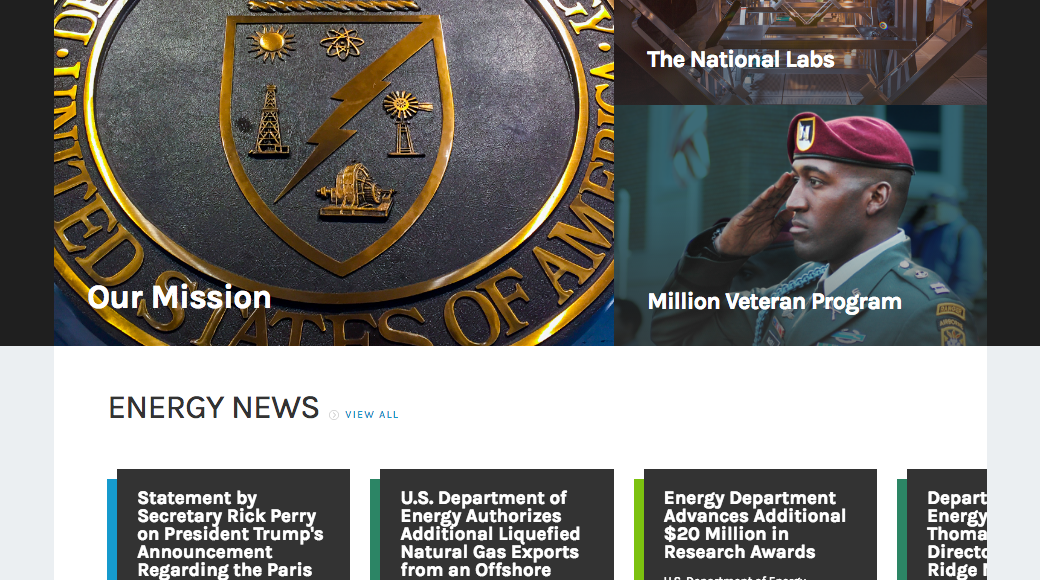 Screenshot of the former Department of Energy homepage demonstrating large, eye-catching graphics and easy-to-browse content.