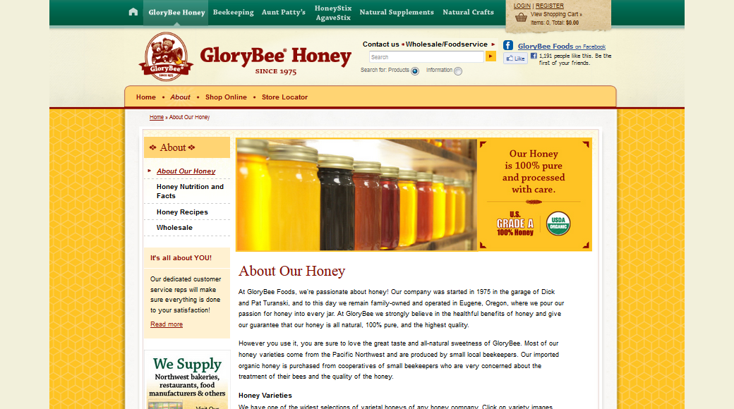 Screenshot of the old homepage of GloryBee Honey, demonstrating a functioning shopping experience fused with a Drupal CMS content layer.